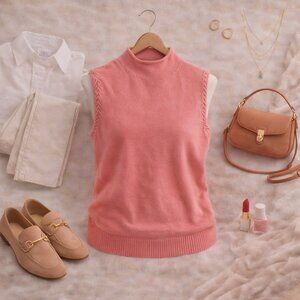 💙 IZOD Pink Sleeveless Mock Neck Sweater Vest Size L Cotton Knit Preppy